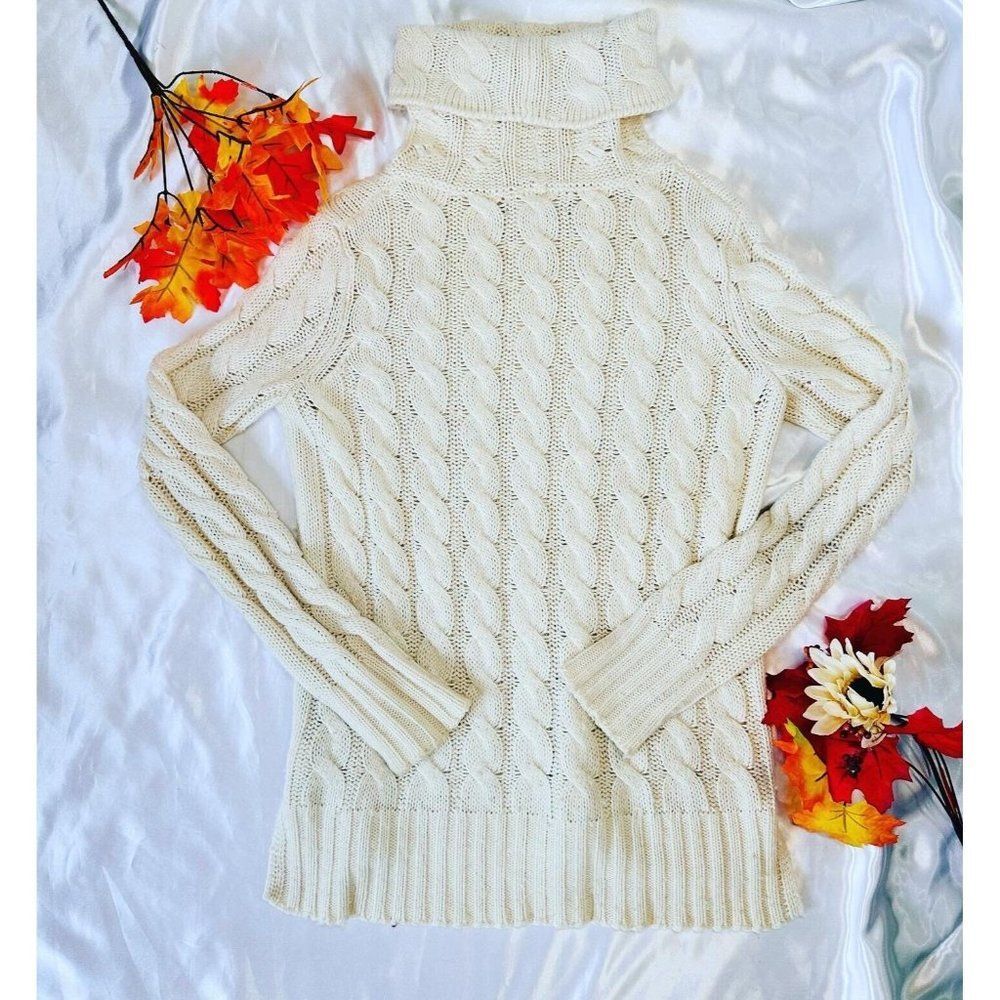 Banana Republic Women's Cream Cable Knit Sweater Turtleneck Pullover bei…